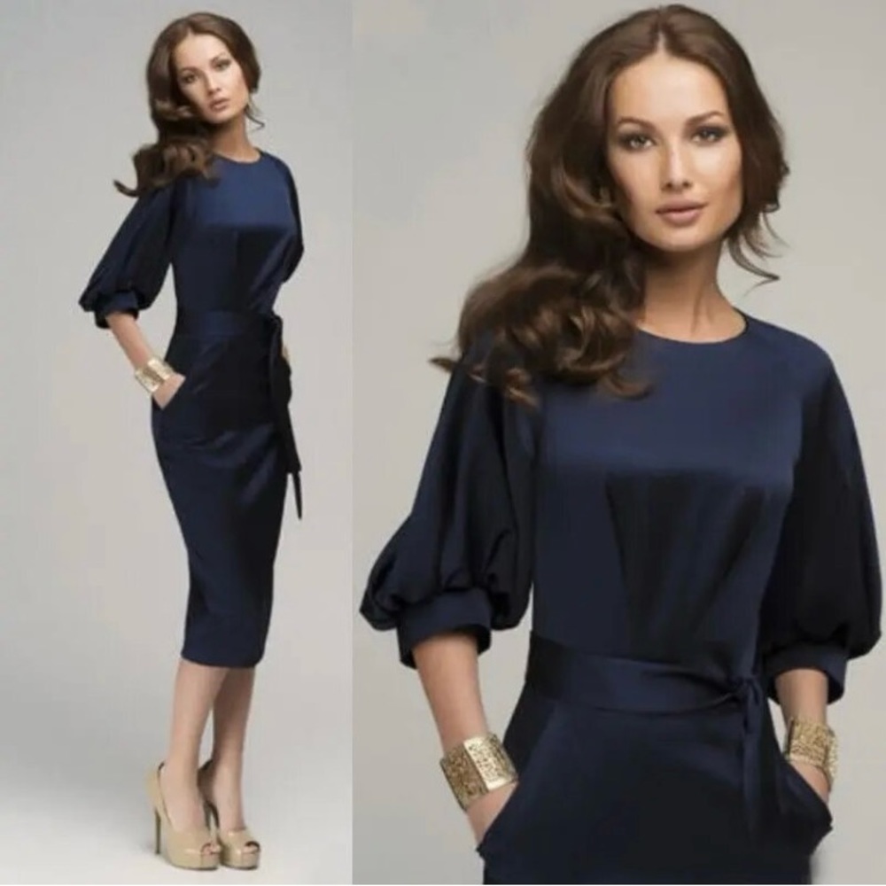 Womens Vintage Unbranded Blue Plain Quarter Sleeve Dress With Pleats XL
